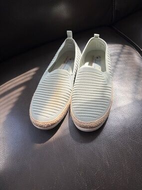 Skechers Light Sage Green Slip-On Flats with Tan Espadrille Trim